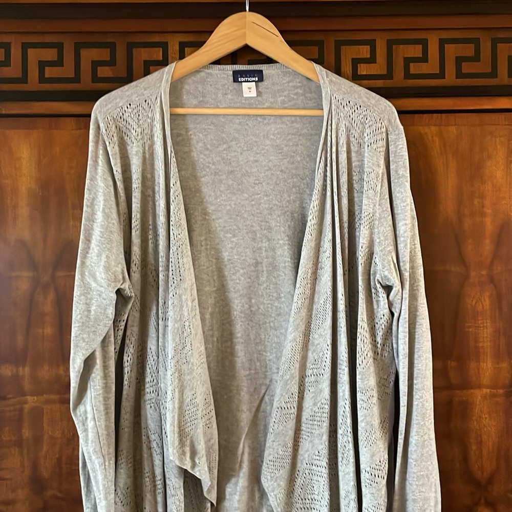 Basic Editions Womens Gray Cardigan XL Cotton Open Front Drapey Crochet Detail - Picture 5 of 9